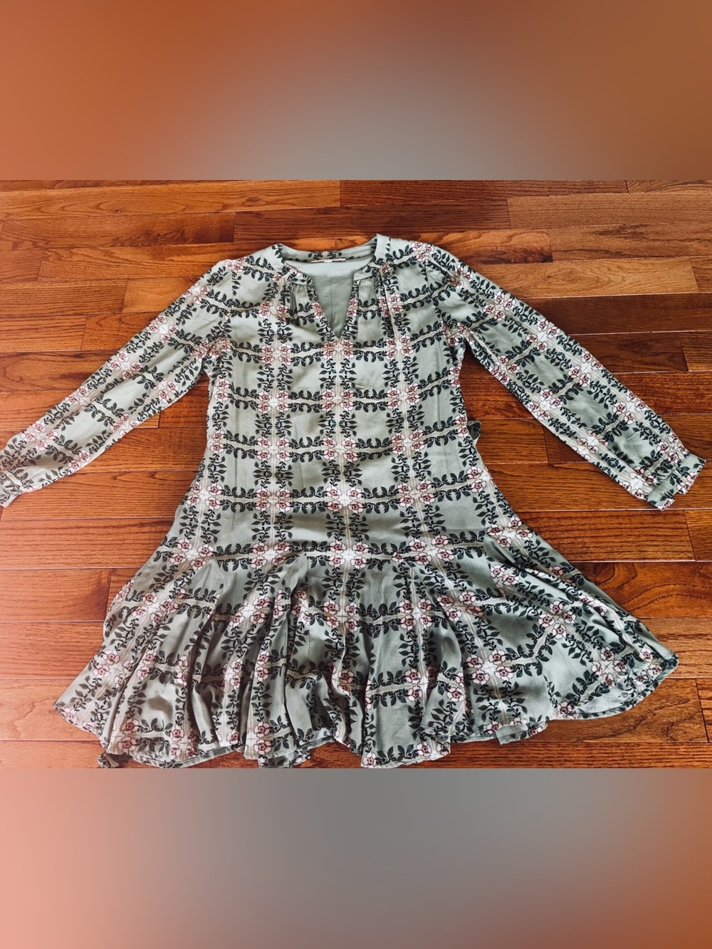 Loft Sage Green Floral Long-Sleeve Swing Dress
